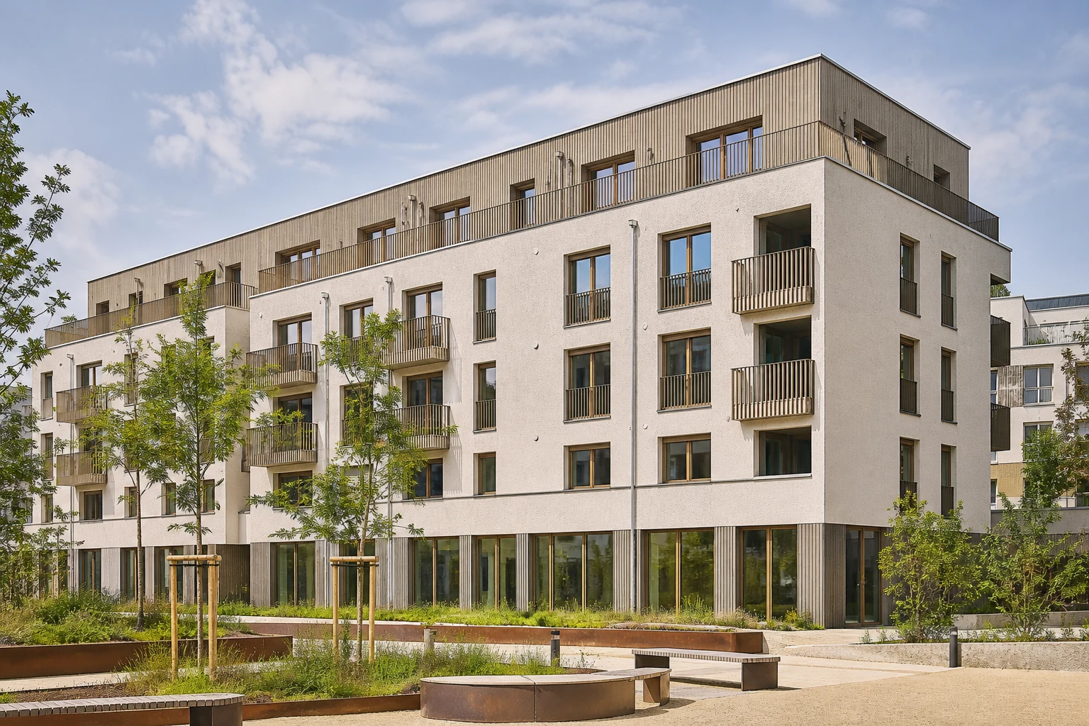 Modernes österreichisches Gebäude mit Wohnungen, flexiblen Erdgeschossflächen und begrüntem Vorplatz